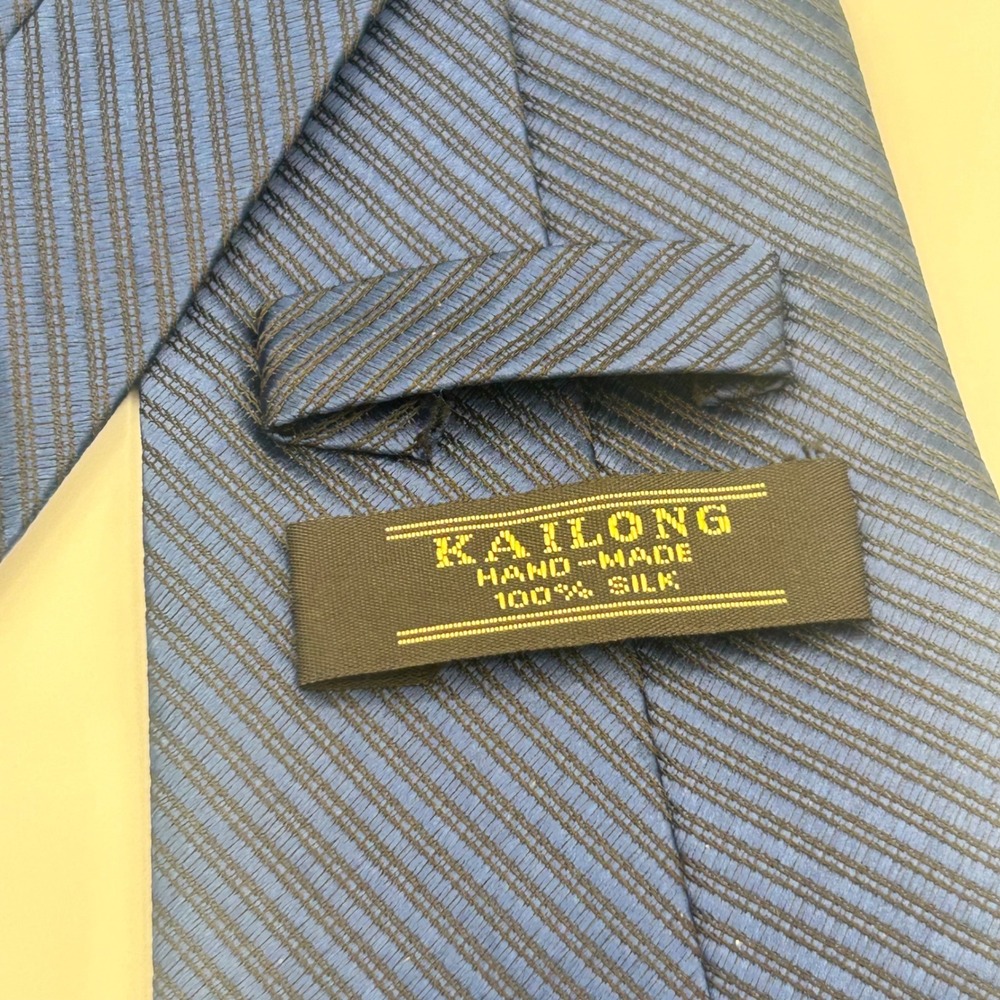 Kailong Mens Blue Striped Silk Tie Hand Made Ribbed Woven Formal Necktie - Picture 5 of 6